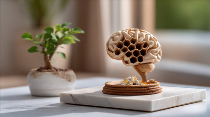 Brain Honeycomb Structure with Bonsai Tree on Marble Surface Concept