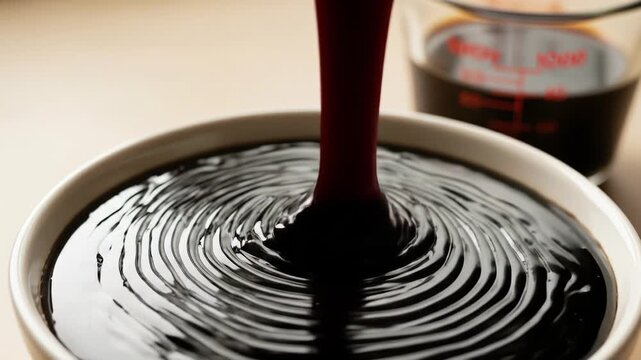 Pouring Rich Molasses into a Bowl: A Close-Up View of Thick Syrup Texture