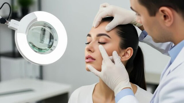 Dermatologist Examining Woman Skin with Magnifying Lamp in Clinic, 4k