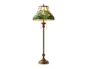 Classic Tiffany-style floor lamp with an illuminated green and cream stained glass shade and an ornate antique bronze stand.