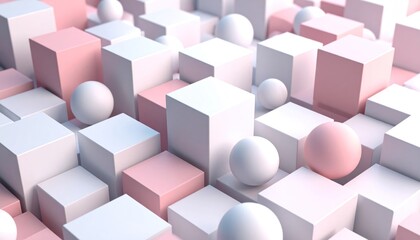 Obraz premium Abstract 3D Composition Featuring Cubes and Spheres in Pastel Pink and White Color Scheme