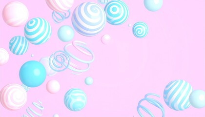 Abstract 3D Composition of Pastel Floating Spheres and Spirals on a Pink Background