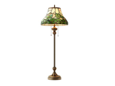 Classic Tiffany-style floor lamp with an illuminated green and cream stained glass shade and an ornate antique bronze stand.