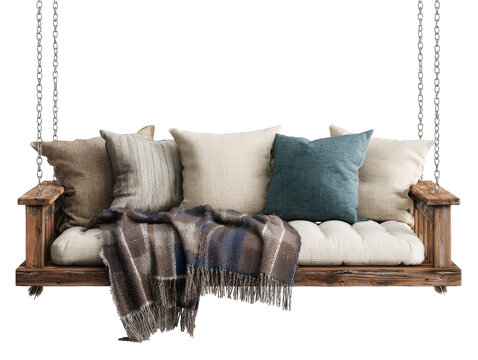 Rustic wooden hanging porch swing with cozy cushions a teal pillow and a warm plaid blanket. - Powered by Adobe