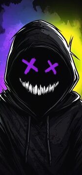 An Ominous Grin
A stylized figure in a dark hoodie has a black face with glowing purple 'X' eyes and a wide, menacing grin of jagged teeth against a purple background.
