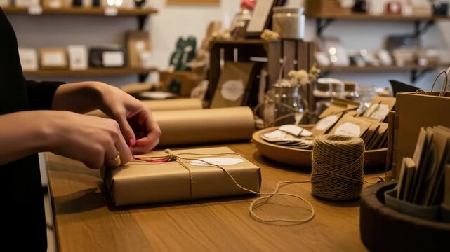 Hands Wrapping Gift with Brown Paper and Twine in Cozy Shop Setting, 4k
