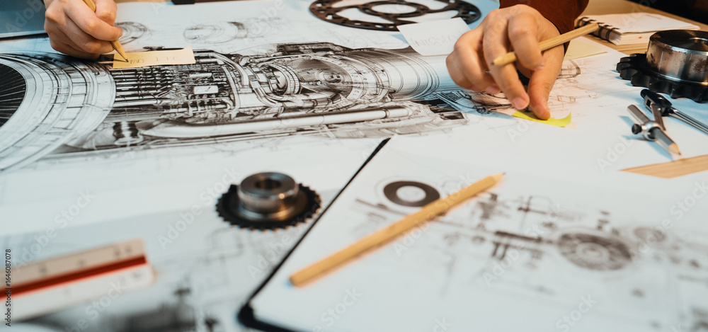 Poster focused hands create detailed technical drawings and engineering designs on a workspace filled with 