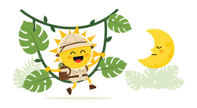 Cartoon Sun Adventurer and Moon Illustration for Children's Storybook or Educational Material