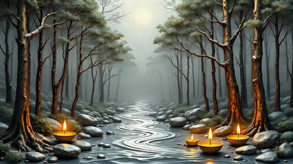 Fototapeta premium Forest in the fog and burning diya 