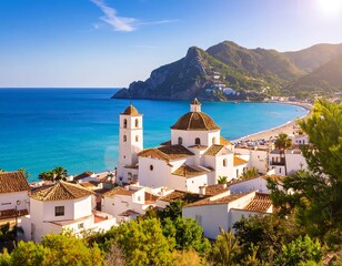 Coastal town with a church under a sunny sky