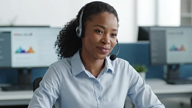 Smiling woman with headset in office charts on monitors behind