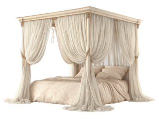 Luxurious classic four-poster canopy bed with an ornate gilded frame and flowing cream drapes.