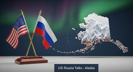 Highly Detailed Miniature USA And Russian Crossing Flags On Polished Wooden Stand Left, Alaska Map Right Winter Colors Conference Hall Blur US–Russia Alaska Talks JPG