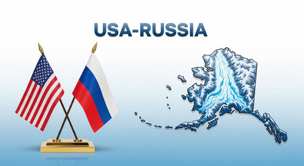 Miniature USA And Russian Crossing Table Flags On Golden Base Left, Alaska Map With Glacier Textures Right White To Blue Gradient JPG