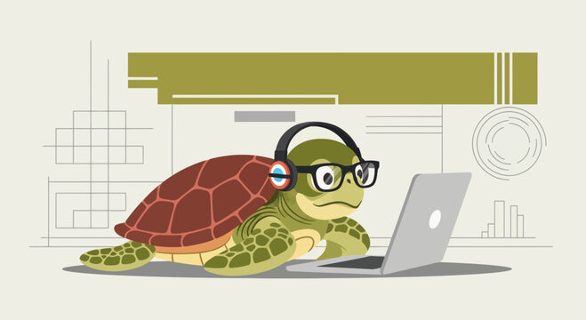Cartoon turtle wearing headphones and glasses working on a laptop computer at desk