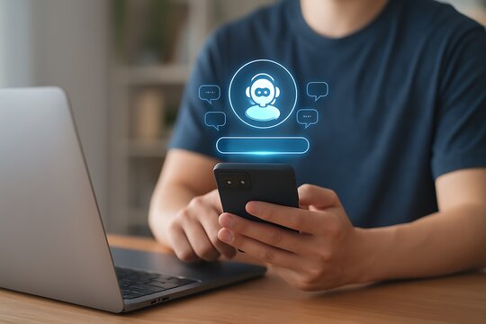 Man using smartphone and laptop with virtual AI chatbot interface for automated communication, digital customer service, and artificial intelligence conversation technology