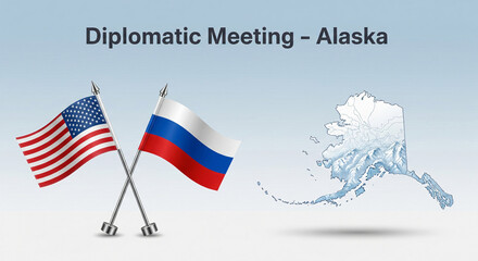 Miniature USA And Russian Table Flags Crossed On Sleek Silver Poles Left, Alaska Map In Frosty Tones Right Minimalistic Gradient Diplomatic Meeting JPG