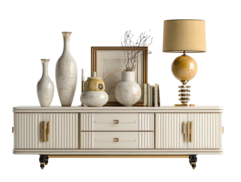 Luxurious cream sideboard with ribbed doors gold accents and a collection of elegant decorative accessories.