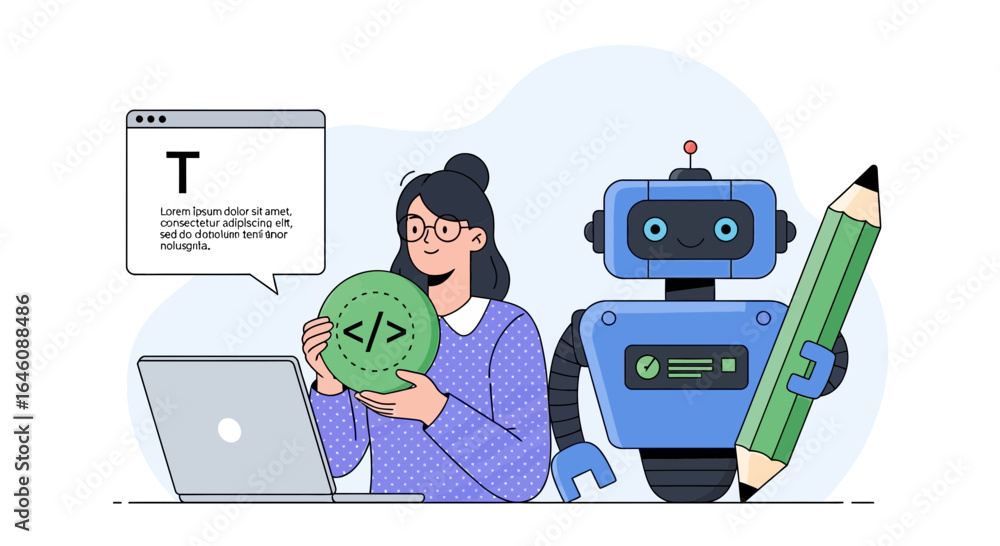 Fototapete coding and technology collaboration featuring a developer robot and human developer