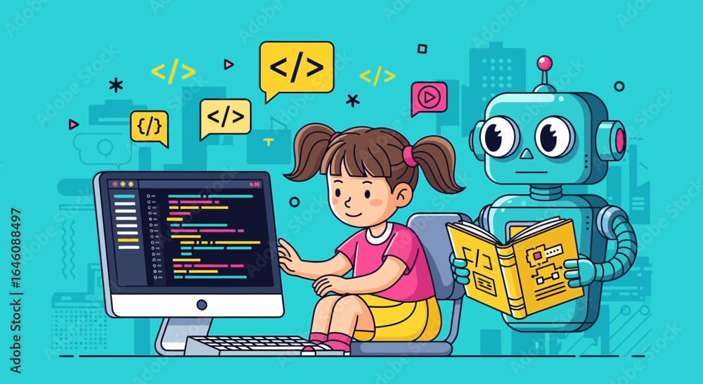 Fototapete coding adventures little girl and her robot friend exploring programming skills
