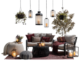 Elegant outdoor lounge set with modern furniture cozy textiles hanging lanterns and plants.