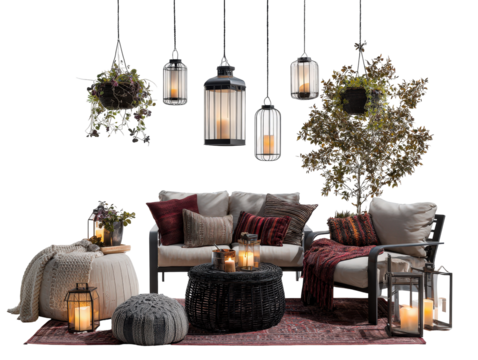 Elegant outdoor lounge set with modern furniture cozy textiles hanging lanterns and plants.