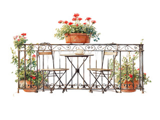 Romantic watercolor illustration of a wrought iron balcony with a bistro set potted red geraniums and a single coffee cup.