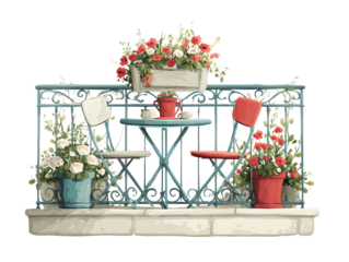 Charming illustrated balcony with a teal wrought iron railing bistro set and vibrant potted flowers.