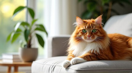 Cozy Cat Lounging on a Soft Cushion with a Potted Plant in the Background
