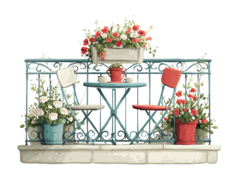 Charming illustrated balcony with a teal wrought iron railing bistro set and vibrant potted flowers.