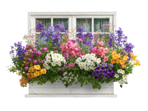 Rustic white window box overflowing with vibrant colorful spring flowers.