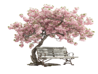 A gnarled cherry blossom tree with lush pink flowers and a weathered rustic bench.