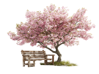 Lush pink cherry blossom tree in full bloom with a rustic wooden bench on a grassy patch.