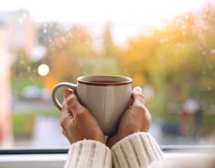 Woman's hands holding a mug of tea or coffee near a window, with an autumn-colored blurred background.