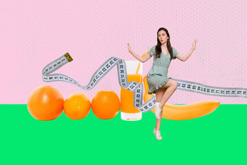 Collage of cheerful woman with fruits juice vegs measuring tape representing energy dieting body...