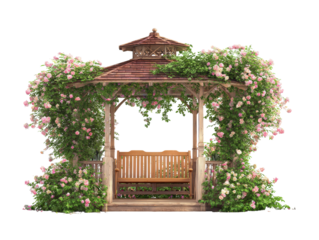 Romantic wooden garden gazebo with a bench overgrown with lush pink and white climbing roses.