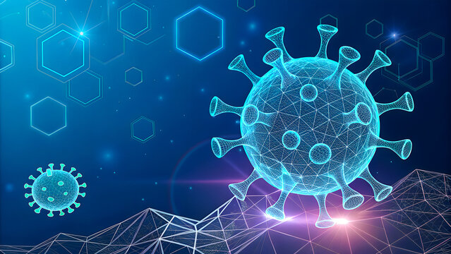 Virology research concept, futuristic holographic virus model 3d