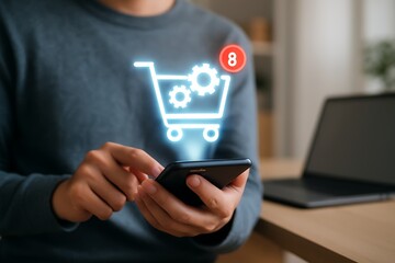 Person using smartphone with holographic shopping cart icon and gear symbols, showing online order notifications, representing e-commerce, mobile retail, and digital shopping technology innovation