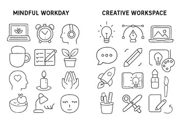 Mindful workday vs creative workspace: innovate and balance with icons