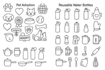 Obraz premium Pet adoption icons and reusable water bottles line art collection