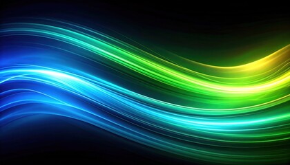Abstract Blue And Green Light Waves With Blurred Motion And Aurora Texture In Dark Background