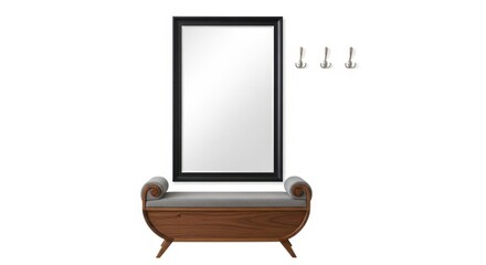 Tall black framed mirror with bench and hooks isolated on white background