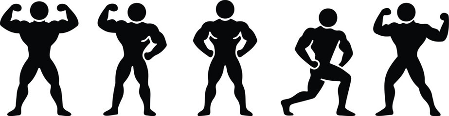 Stickman bodybuilding and fitness workout silhouettes showing strong poses, flexing muscles, and strength training stances