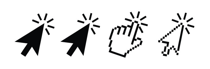 Vector art of selection of computer mouse cursors and pointers, including arrow cursors and hand cursors, used for clicking and selecting items isolated on white background