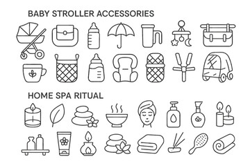 Naklejka premium Baby stroller accessories and home spa ritual icons line art set