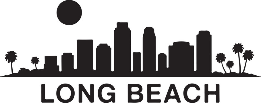 Long Beach skyline horizontal banner California cityscape vector black on white