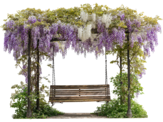 Enchanting garden swing with a rustic wooden bench under a canopy of cascading purple and white wisteria.