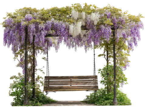 Enchanting garden swing with a rustic wooden bench under a canopy of cascading purple and white wisteria.