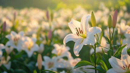 Delicate white lilies in a garden bathed in sunlight.