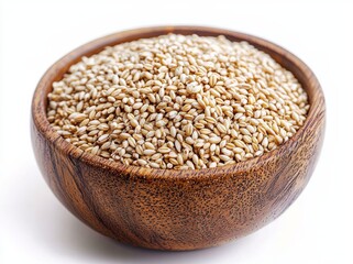 Wooden Bowl of Pearl Barley Close-up Photography, Grain Composition, Healthy Food, High-Angle Shot Pearl Barley, Healthy Grains